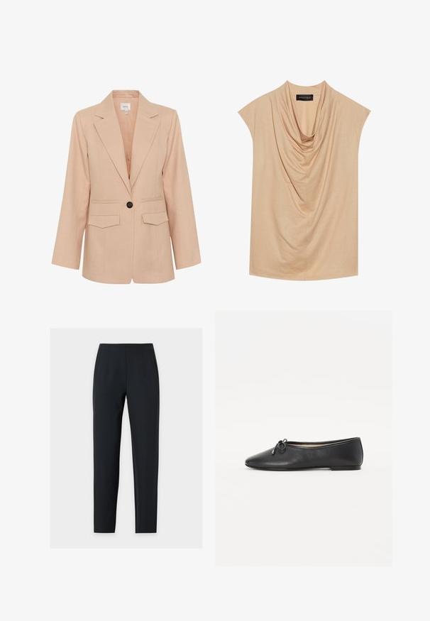 Gestuz MANU - Korte frakker - rose dust; Beige draperet top lavet af blødt stof med korte ærmer og en cowl-halsudskæring. Glat tekstur med subtile folder gennem hele toppen.; Sorte skræddersyede bukser med lige ben, mellemhøj talje, forreste sømme og sidelommer, vist på en enkel lys baggrund.; Sort læder balletflade med en rund toe og en dekorativ sløjfe detalje. Designet har en glat tekstur og en lav, flad hæl.