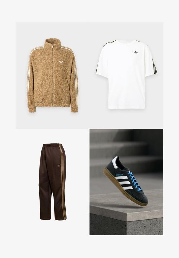 Brun, fuzzy fleecejakke med høj krave, fuld lynlås og hvide sidelister. Har et lille hvidt logo på brystet.; Hvid bomuld t-shirt med korte ærmer, prydet med sorte tre-stribede detaljer på skuldrene og et lille sort logo på brystet.; Brune Adidas træningsbukser med elastisk talje og gulddetaljer med tre striber langs siderne, med Adidas trefoil-logo på det ene ben.; Sort Adidas sneaker med hvide striber, blå snørebånd og gummisål, der svæver over gråt betontrin i blødt lys.