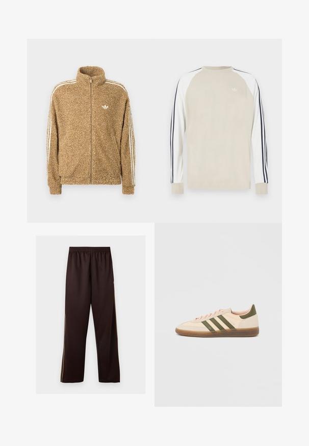 Chaqueta de forro polar marrón y peluda con cuello alto, cremallera completa y franjas laterales blancas. Presenta un pequeño logo blanco en el pecho.; Camiseta de manga larga beige con mangas raglán blancas y rayas azul marino a los lados. Presenta un pequeño logo blanco en el pecho.; Pantalones de pernera ancha en marrón oscuro con cintura elástica y sutiles rayas laterales en marrón claro, mostrados sobre un fondo blanco liso.; Zapatilla Adidas Spezial beige de perfil bajo con rayas verdes, suela de goma y la marca "SPEZIAL" en el lateral, vista desde el lado exterior.