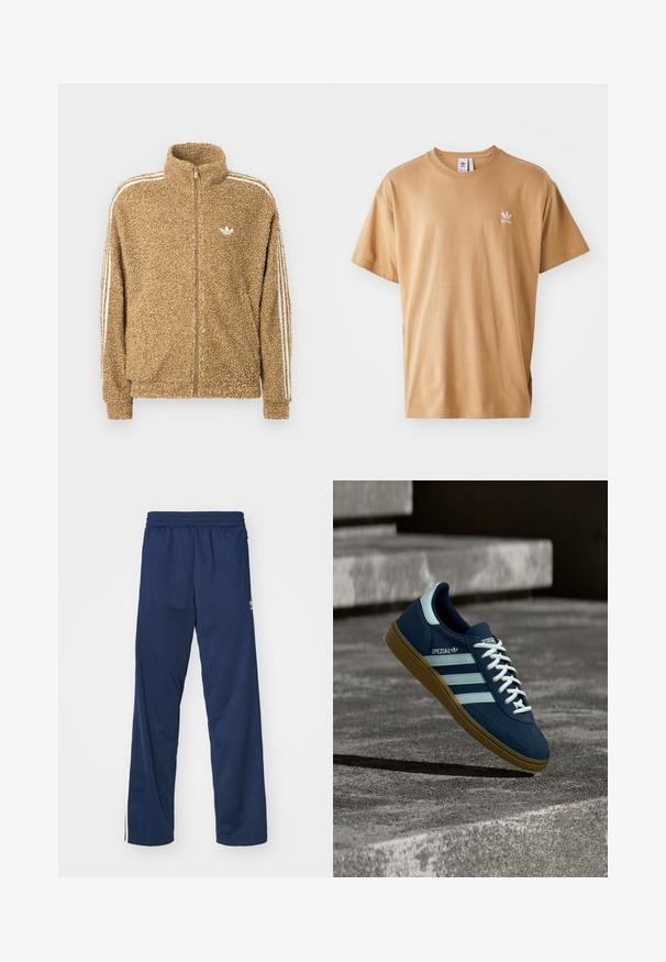 Brun, fuzzy fleecejakke med høj krave, fuld lynlås og hvide sidelister. Har et lille hvidt logo på brystet.; Brun bomulds T-shirt med rund hals og korte ærmer. Har et lille hvidt Adidas-logo på venstre bryst. Blød tekstur, afslappet pasform.; Mørkeblå træningsbukser med elastisk talje, fremhævet af hvide sideløbninger og et logo på venstre lår.; Blå Adidas Spezial sneaker med hvide striber og snørebånd, gummisål, svævende over en ru betongoverflade og trin i baggrunden.
