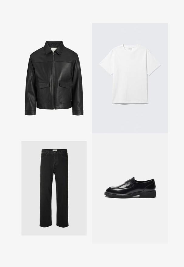 Chaqueta de cuero negro con cuello, cierre frontal de cremallera, dos grandes bolsillos con solapa, textura lisa y ajuste estructurado.; Camiseta blanca de manga corta con cuello redondo, colocada plana, diseño liso, con etiqueta "WEEKDAY" en el interior del cuello sobre un fondo claro.; Los jeans rectos de mezclilla negra presentan un diseño clásico de cinco bolsillos con cierre de botón, costuras mínimas y una textura suave.; Zign by Zalando LEATHER - Mocasines elegantes - black
