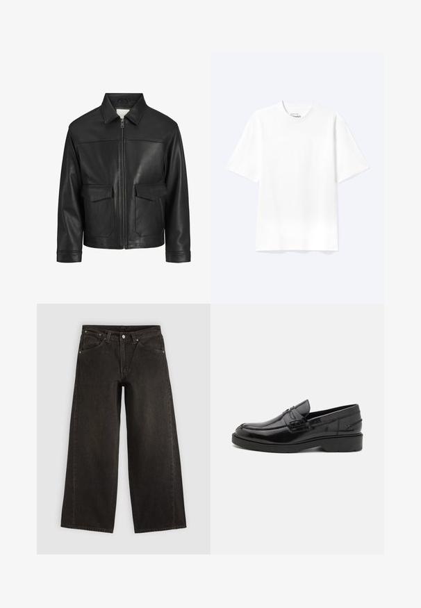 Chaqueta de cuero negro con cuello, cierre frontal de cremallera, dos grandes bolsillos con solapa, textura lisa y ajuste estructurado.; Camiseta lisa blanca de manga corta y cuello redondo con un corte relajado, mostrada sobre un fondo claro.; Vaqueros negros de pierna ancha con bolsillos delanteros, cierre de botones y trabillas para cinturón, mostrados planos sobre un fondo claro.; Mocasines de cuero negro con un acabado suave, punta redondeada, tacón bajo y costura decorativa en la parte delantera. Suela de goma para mayor agarre.