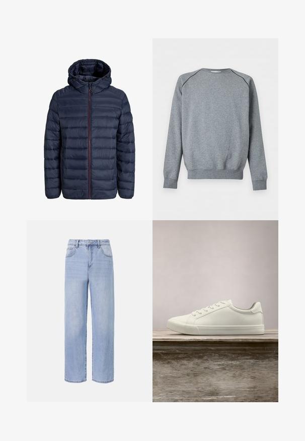Chaqueta acolchada azul marino con capucha, cremallera frontal y bolsillos laterales, adecuada para tiempo frío.; Sudadera sencilla gris de manga larga con puños y bajo acanalados, que presenta una fina ribete negra a lo largo de las costuras del hombro.; Jeans de mezclilla de color azul claro con un diseño relajado y de pierna ancha. Las características incluyen cinco bolsillos, un cierre de botón en el frente y un desvanecimiento sutil.; Zapatilla blanca con cordones flotando sobre un banco de madera con follaje verde al fondo, mostrando el diseño y la textura del zapato.