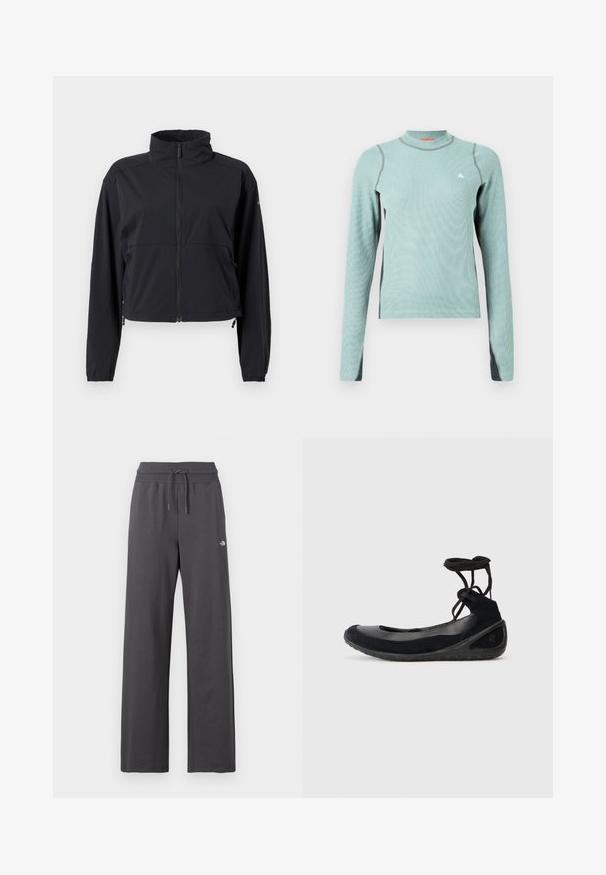 Veste légère noire avec ouverture zippée intégrale à l'avant, col montant, manches longues et cordons de serrage ajustables à l'ourlet.; Chemise à manches longues vert clair avec un col haut, présentant des accents gris et un tissu texturé. Petit logo sur la poitrine.; Pantalon de survêtement gris foncé à jambes larges avec taille élastique côtelée et cordon, arborant un petit logo blanc sur la cuisse droite.; Des ballerines noires en suède, avec une semelle en caoutchouc et des lacets entrecroisés. Présentant un bout rond et une accent latéral texturé.