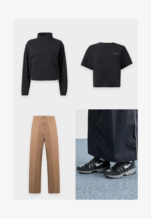 Veste légère noire avec ouverture zippée intégrale à l'avant, col montant, manches longues et cordons de serrage ajustables à l'ourlet.; T-shirt court noir à manches courtes, style crop, avec un petit logo Columbia blanc sur le côté gauche de la poitrine, col rond, design simple sur fond blanc.; Pantalon en coton marron avec une coupe à jambe droite, doté d'une fermeture par bouton, de passants pour ceinture, et de coutures minimales pour un look épuré.; Des chaussures de sport noires avec un dessus texturé, des accents argentés et une semelle extérieure à motifs, associées à un long vêtement noir. Présentées sur un tapis bleu.