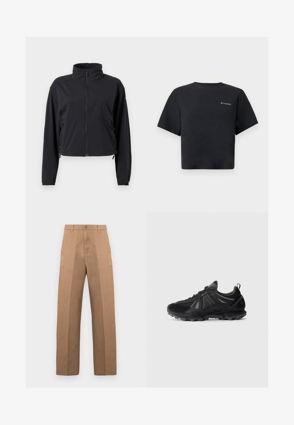 Veste légère noire avec ouverture zippée intégrale à l'avant, col montant, manches longues et cordons de serrage ajustables à l'ourlet.; T-shirt court noir à manches courtes, style crop, avec un petit logo Columbia blanc sur le côté gauche de la poitrine, col rond, design simple sur fond blanc.; Pantalon en coton marron avec une coupe à jambe droite, doté d'une fermeture par bouton, de passants pour ceinture, et de coutures minimales pour un look épuré.; Chaussure de trail running noire avec semelle robuste, tige en mesh et synthétique, fermeture à lacets et languette de tirage sur fond blanc.