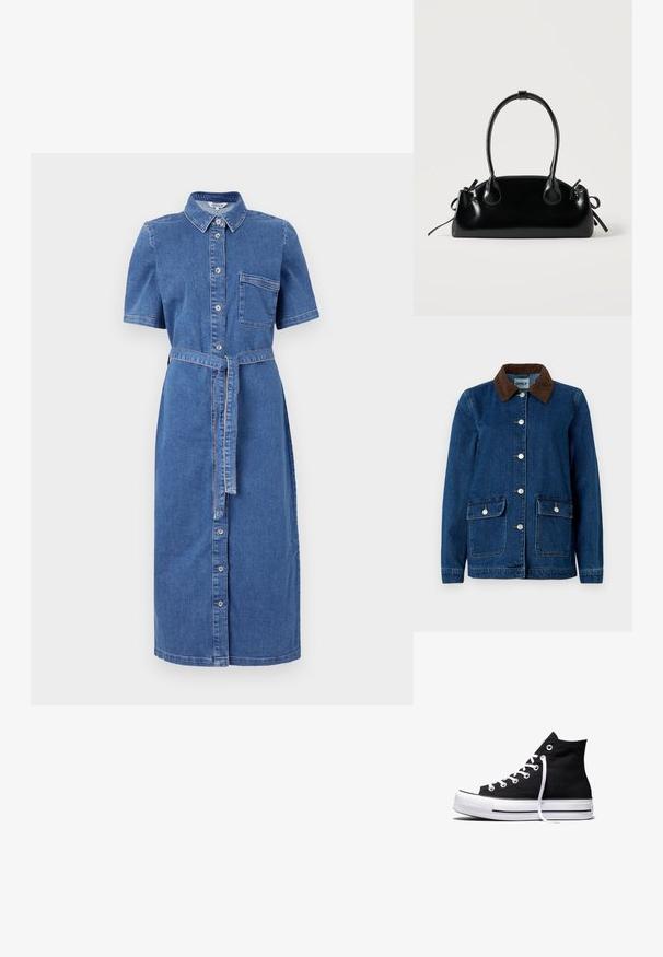 Jeansjakke med en mørkeblå finish, brun kordfløjelkrave, sølvfarvede trykknapper og to frontlommer. Har et klassisk design.; Lysblå denimkjole med korte ærmer, knaplukning foran, brystlomme og et matchende bælte i taljen.; Sort high-top canvas sneaker med hvid gummisål og hvide snørebånd, vist fra siden mod en hvid baggrund.; Lille sort blank håndtaske med to lange håndtag og snøre-detaljer i siden på en ensfarvet lys baggrund.
