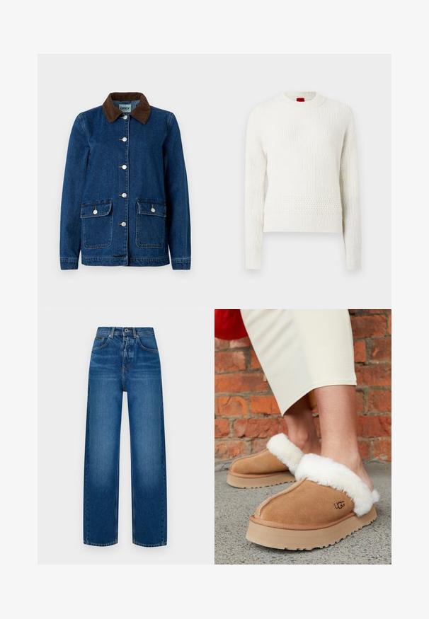 Jeansjakke med en mørkeblå finish, brun kordfløjelkrave, sølvfarvede trykknapper og to frontlommer. Har et klassisk design.; Hvid strikket sweater med lange ærmer, rund halsudskæring, teksturerede mønstre og en let løs pasform. Rødt mærke med brand synligt ved halsen.; Bredde ben denimjeans i falmet blå. Har en knap-lynlås, klassisk fem-lomme design og en blød, tekstureret overflade.; Brune svineskinds slippers med hvidt shearling-trim. Tyk mellemsål og tekstureret ydersål. UGG-logo synligt på siden. Løs pasform til afslappet brug.