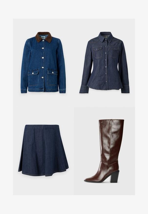 Jeansjakke med en mørkeblå finish, brun kordfløjelkrave, sølvfarvede trykknapper og to frontlommer. Har et klassisk design.; Mørkeblå denim skjorte med knapper, lange ærmer, brystlommer med klap og spidse krave på ensfarvet baggrund.; Mørkeblå denim A-formet nederdel med sideslids og synlige syninger langs kanten og sømmene, vist på en ensfarvet lys baggrund.; Høj, mørkebrun læderstøvle med spids tå og stablet blokhæl, vist fra siden på en ensfarvet baggrund.