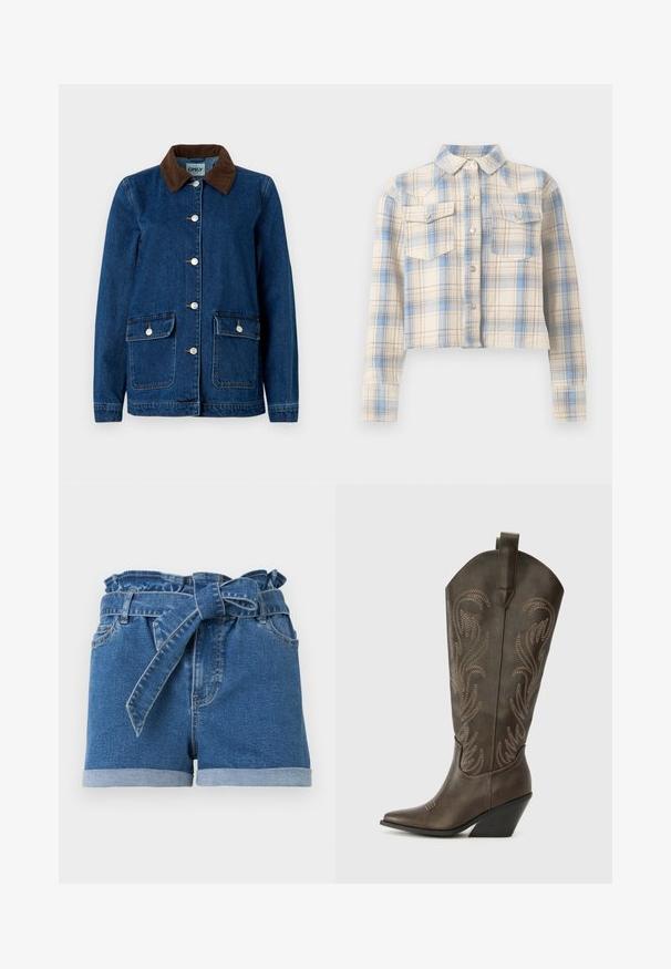 Jeansjakke med en mørkeblå finish, brun kordfløjelkrave, sølvfarvede trykknapper og to frontlommer. Har et klassisk design.; Knappelukket crop-top skjorte med lange ærmer og brystlommer med klap, med et ternet mønster i beige, blå og lys brun.; Blå denimshorts med op rullede kanter og høj talje, der har et bundet stofbælte og bæltestropper.; Brune læder cowboystøvle med spids tå, kilehæl og dekorativ broderi. Har en høj stok og en trækflap.
