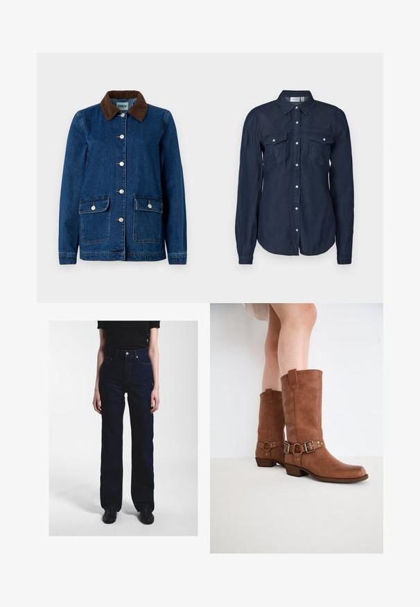 Jeansjacke mit dunkelblauer Ausführung, braunem Cordkragen, silbernen Druckknöpfen und zwei Vorder Taschen. Hat ein klassisches Design.; Marineblaues Hemd mit Knopfleiste aus leichtem Stoff, ausgestattet mit zwei Vorderaschen, langen Ärmeln und einem klassischen Kragen mit abgerundetem Saum.; Person trägt dunkelblaue Jeans mit hohem Bund und weitem Bein, schwarzes Oberteil und schwarze Schuhe, steht vor einem einfarbigen hellen Hintergrund.; Braune Leder-Stiefeletten mit leicht spitz zulaufender Zehenpartie, dekorativen Schnallen und einem niedrigen gestapelten Absatz. Glatte Textur mit matter Oberfläche.