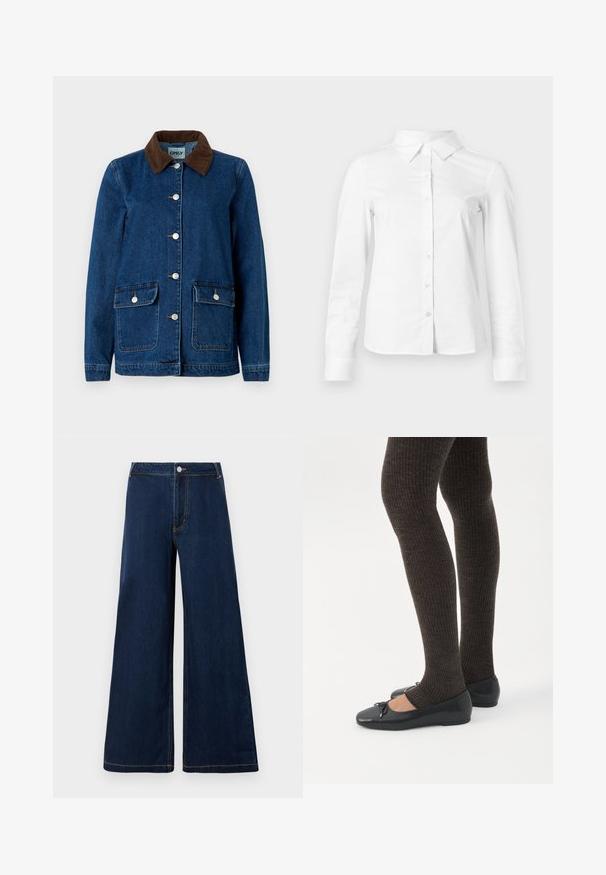 Jeansjakke med en mørkeblå finish, brun kordfløjelkrave, sølvfarvede trykknapper og to frontlommer. Har et klassisk design.; Hvid skjorte med lange ærmer, knapper, spids krave, lige kant og tætsiddende silhuet, vist på en ensartet lys baggrund.; Bredde denim jeans i mørkeblå med guld sting, der har en frontknap og lynlåslukning samt et klassisk fem-lomme design.; Ben iført mørke ribbede leggings kombineret med sorte balletsko med små sløjfedetaljer på hvid baggrund.