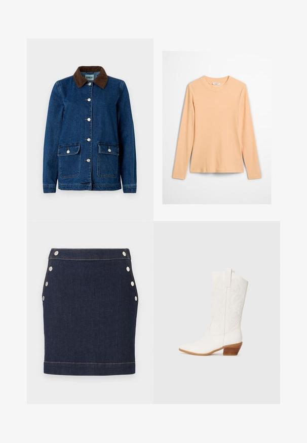 Denim jack met een donkerblauwe afwerking, een bruine ribfluwelen kraag, zilveren drukknoopsluitingen en twee voorzakken. Heeft een klassiek ontwerp.; Langarm geribd topje in licht perzik, met een ronde halslijn en een aansluitend silhouet gemaakt van zacht, elastisch stof.; Donkerblauwe denim minirok met zes zilveren drukknoopjes, drie aan elke kant, en zichtbaar lichtbruine stiksels bij de taille en zoom.; Witte westerse enkellaarsjes met een spitse neus, textuurstof, geborduurd ontwerp en een gestapelde houten hak.