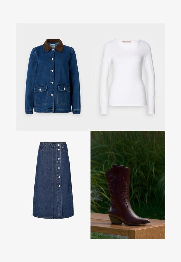 Jeansjakke med en mørkeblå finish, brun kordfløjelkrave, sølvfarvede trykknapper og to frontlommer. Har et klassisk design.; Langærmet hvid bomulds T-shirt med rund halsudskæring og tætsiddende design, med glat tekstur og uden udsmykninger.; Denimnederdel med høj talje, frontknaplukning og to sidelommer. Mørkeblå farve, lige snit og synlige syningsdetaljer.; Mørkebrune læder cowboystøvler med broderede mønstre, lavt skråt hæl og trækflapper, placeret på en træ bænk med grønne planter i baggrunden.