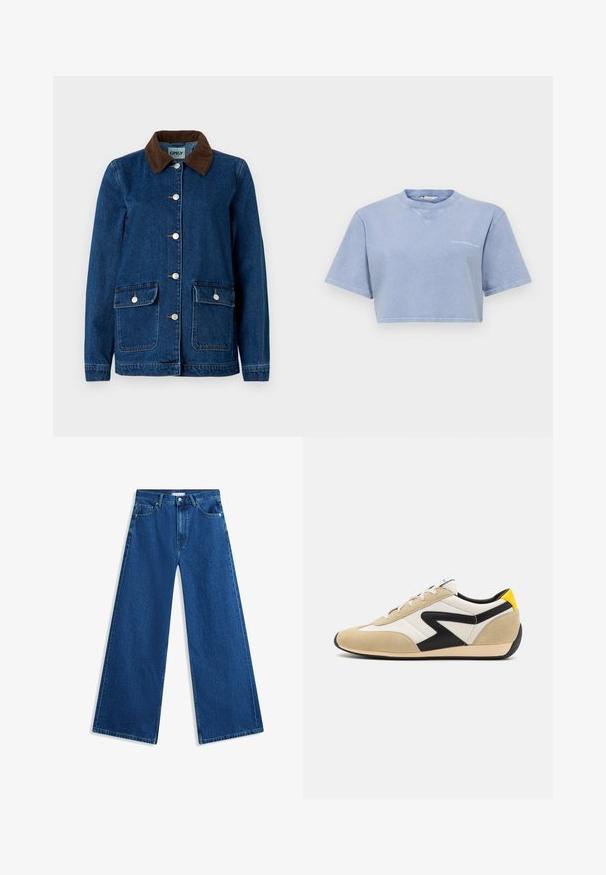 Jeansjakke med en mørkeblå finish, brun kordfløjelkrave, sølvfarvede trykknapper og to frontlommer. Har et klassisk design.; Beskåret lyseblå t-shirt lavet af blødt stof, med korte ærmer, rund halsudskæring og et lille grafisk print på forsiden.; Blå denimjeans med vide ben, højtaljede og klassisk design med fem lommer. Stoffet har en tekstureret overflade og subtil falming.; Beige og hvide atletiske sko med sorte accenter og gul hæl. Materialerne er ruskind og læder, rund form, flad sål og snørelukning.