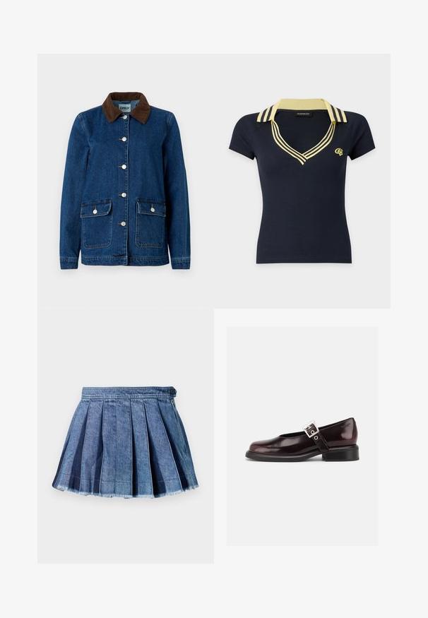 Jeansjakke med en mørkeblå finish, brun kordfløjelkrave, sølvfarvede trykknapper og to frontlommer. Har et klassisk design.; Marineblå kortærmet polo-shirt med gulstribet krave og halsudskæring, med lille gult logo på venstre bryst.; Blå denim plisseret mini nederdel med knap og lynlås i siden, med en frynset kant detalje.; En enkelt blank mørk burgunder Mary Jane sko med bred rem og sølvspænde, lav blokhæle og rundet tå på hvid baggrund.