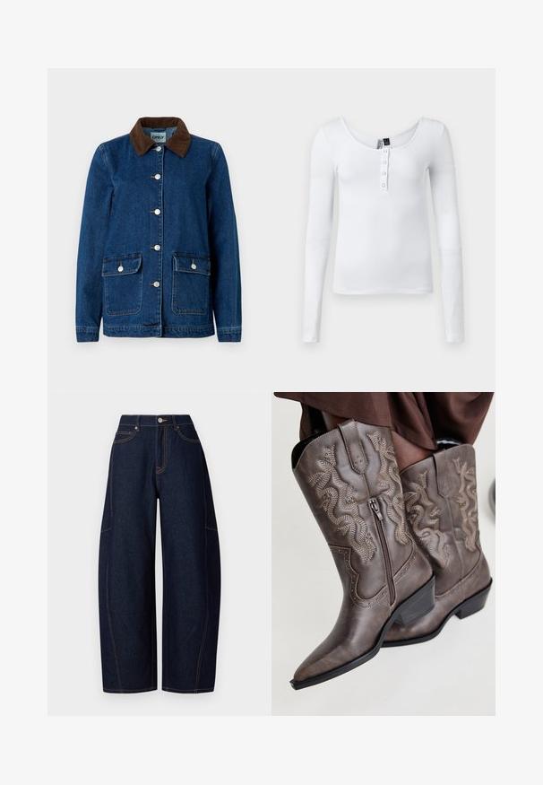 Jeansjacke mit dunkelblauer Ausführung, braunem Cordkragen, silbernen Druckknöpfen und zwei Vorder Taschen. Hat ein klassisches Design.; Weißes langärmliges, geripptes Oberteil mit Rundhalsausschnitt und vier Knöpfen auf der Vorderseite. Der Stoff hat eine glatte Textur und eine figurbetonte Passform.; Hellebeine dunkelblaue Denim-Hosen mit kontrastierender orangefarbener Naht, fünf Taschen sowie einem Knopf- und Reißverschluss am Bund.; Braune Leder-Cowboystiefel mit einer spitzen Zehenpartie, Seitenreißverschluss und einem strukturierten Schlangendesign in Beige, mit dekorativen Nieten entlang der Kanten.