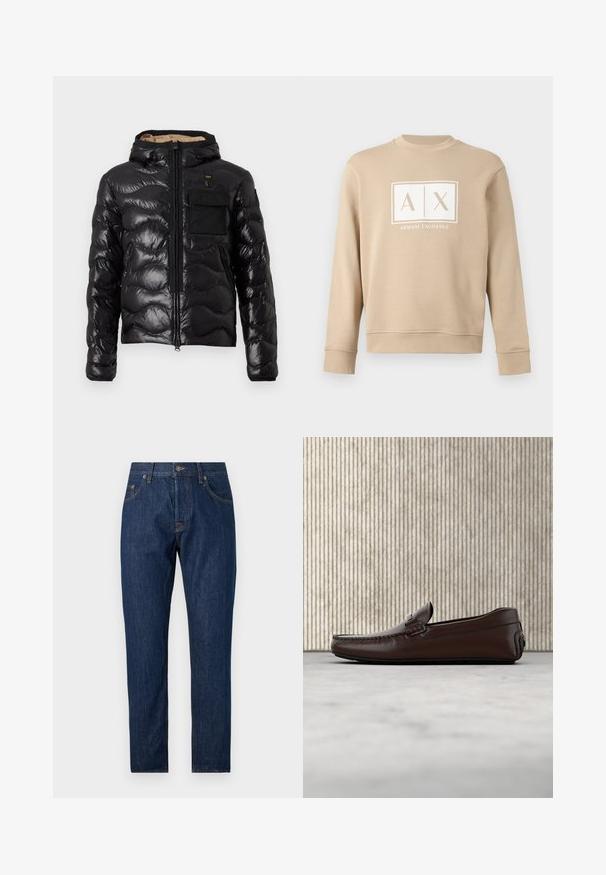 Veste matelassée noire brillante avec capuche, poche poitrine avant, deux poches latérales zippées, et fermeture éclair frontale, présentée sur fond blanc.; Sweat-shirt beige à manches longues et col rond, avec le logo blanc "A|X Armani Exchange" centré sur la poitrine.; Jean droit en denim bleu foncé avec fermeture avant par bouton et zip, passants pour ceinture et design cinq poches sur fond uni.; Mocassins en cuir marron avec une finition lisse, des coutures de style mocassin, un bout rehaussé et une semelle en caoutchouc basse et flexible.