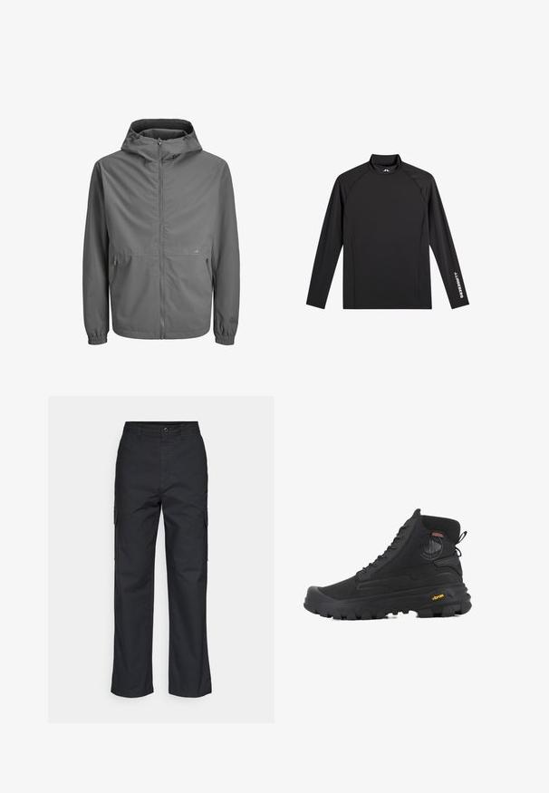 Veste légère grise avec capuche, fermeture éclair à l'avant, poignets élastiques et deux poches latérales. Tissu lisse, design minimaliste, logo de marque subtil.; Haut de sport noir à manches longues avec col montant, coupe ajustée, et logo blanc "J.Lindeberg" sur la manche gauche et le col.; Pantalons cargo noirs avec une coupe droite, dotés de poches latérales et d'un tissu texturé. Fermeture par bouton à la taille pour un maintien sécurisé.; Baskets montantes noires avec une surface texturée, dotées d'un design imperméable, d'un système de laçage et d'une semelle en caoutchouc proéminente avec la marque Vibram.