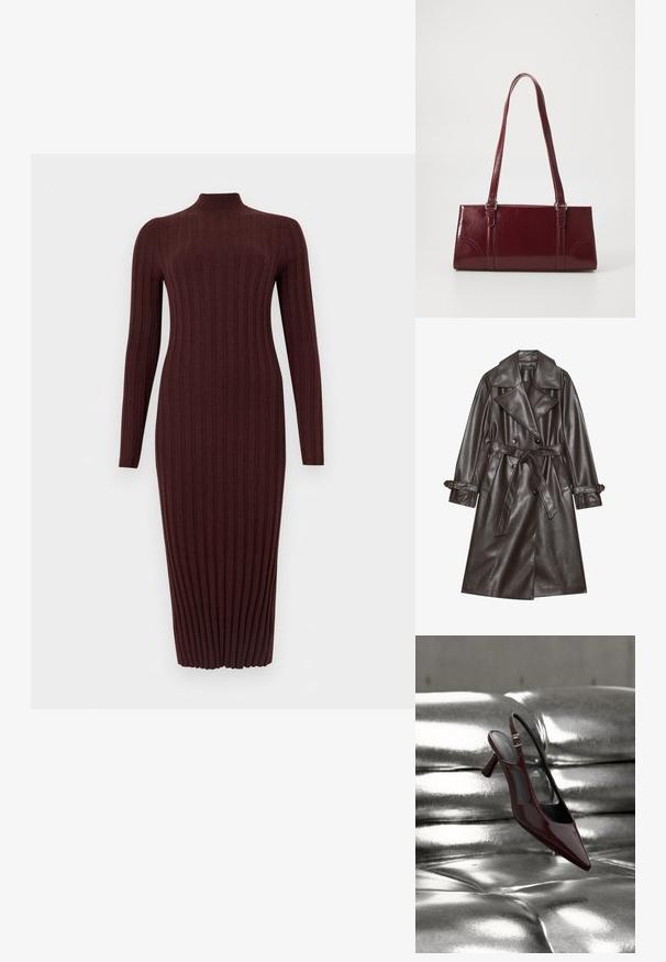 Bruine kunstlederen trenchcoat met een dubbelgeknoopte voorkant, brede revers, een gestrikt riem en knoopaccenten op de mouwen.; Mouwloze, geribbelde, donkerbruine gebreide midi-jurk met col, aansluitende pasvorm en verticale textuur.; Glanzende donkerrode slingback pumps met hoge hak en puntige neus, gepresenteerd op een glanzend zilveren, getuft leren oppervlak.; Bourgondische handtas van glanzend materiaal, rechthoekige vorm, met twee schouderbanden en subtiele gebogen accenten aan de voorkant.
