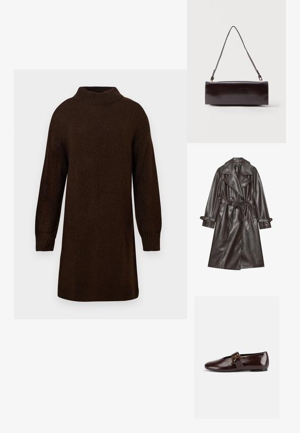 Bruine kunstlederen trenchcoat met een dubbelgeknoopte voorkant, brede revers, een gestrikt riem en knoopaccenten op de mouwen.; Donkerbruine lange mouwen gebreide trui jurk met geribbelde kraag en manchetten, weergegeven op een effen lichte achtergrond.; Donkerbruine lakleren platte schoen met een grote gouden gesp en een afgeronde teen, zijaanzicht op een witte achtergrond.; Rechthoekige zwarte leren handtas met een enkele lange schouderband en een glanzende afwerking, weergegeven tegen een effen witte achtergrond.