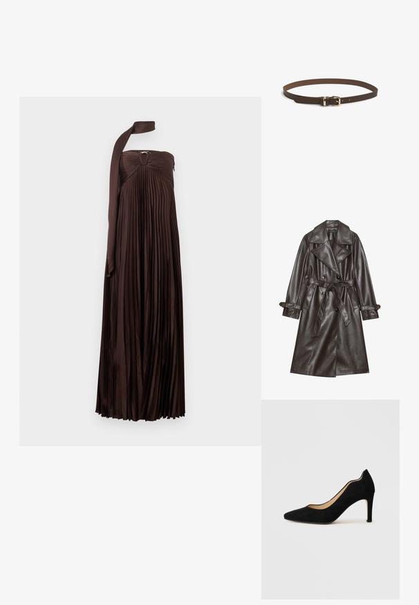 Abrigo trench de imitación cuero marrón con un frente de doble botonadura, amplios solapas, un cinturón atado y detalles de botones en las mangas.; Vestido maxi plisado sin tirantes en marrón oscuro con cuerpo fruncido, detalle de abertura en forma de ojo con anilla y una larga corbata unida al cuello.; Zapato de salón de ante negro con tacón alto, punta puntiaguda, diseño curvo recortado y tacón delgado, con un forro interior suave.; Cinturón de cuero marrón con hebilla de metal en tono dorado, textura suave y cinco agujeros de ajuste para el tamaño. Diseño simple y clásico.