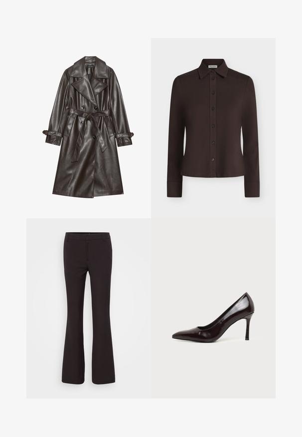 Bruine kunstlederen trenchcoat met een dubbelgeknoopte voorkant, brede revers, een gestrikt riem en knoopaccenten op de mouwen.; Donkerbruine blouse met lange mouwen, knopen, een puntige kraag en zwarte knopen, getoond tegen een neutrale achtergrond.; Gina Tricot Tall RELAXED TROUSERS - Broek - brown; Zwarte leren pumps met puntige neus en slanke naaldhak op een effen lichte achtergrond.