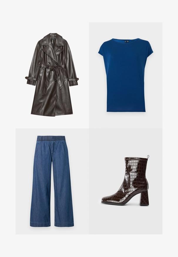 Bruine kunstlederen trenchcoat met een dubbelgeknoopte voorkant, brede revers, een gestrikt riem en knoopaccenten op de mouwen.; Koningsblauw dames T-shirt met korte mouwen en een ronde hals met een relaxte pasvorm, getoond op een witte achtergrond.; Blauwe wijduitlopende spijkerbroek met elastische tailleband en subtiele voorkantstiksels, afgebeeld op een effen achtergrond.; Donkerbruin gepatineerd leren enkelboot met krokodillenstructuur, blokhak en trekband aan de achterkant, tegen een witte achtergrond.