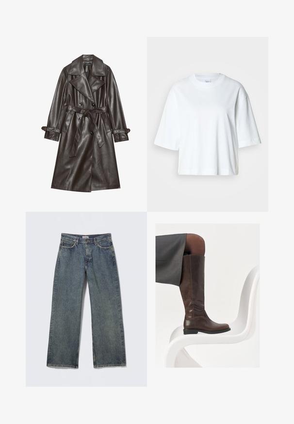 Bruine kunstlederen trenchcoat met een dubbelgeknoopte voorkant, brede revers, een gestrikt riem en knoopaccenten op de mouwen.; Witte cropped t-shirt met korte mouwen, ronde hals, gemaakt van zacht katoen, met een eenvoudig en strak ontwerp.; Blauwe denim wijde pijp jeans met een hoge taille, ontwerp met vijf zakken en subtiele slijtage op de stof. Merklabel zichtbaar op de tailleband.; Bruine leren knie-hoge laars met een ronde neus, een soepele textuur en minimale stikseldetails, tegen een lichte achtergrond op een witte stoel.