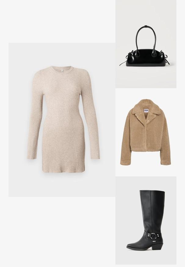 Cropped beige teddyjas met een reverkraag, gestructureerd fleece-materiaal en lange mouwen. Voorzien van een verborgen sluiting aan de voorkant.; Beige geribbelde gebreide jurk met lange mouwen, een getailleerde taille en een ronde halslijn op een witte achtergrond.; Zwarte leren kniehoge laarzen met een spitse neus, voorzien van een decoratieve enkelband en zilveren hardwareaccenten. Lage, gestapelde hak.; Kleine zwarte glanzende handtas met twee lange hengsels en zijkant trekkoord details op een effen lichte achtergrond.