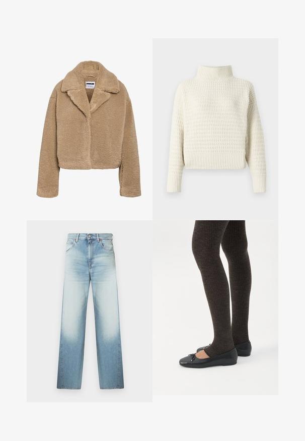 Cropped beige teddyjas met een reverkraag, gestructureerd fleece-materiaal en lange mouwen. Voorzien van een verborgen sluiting aan de voorkant.; Crème-kleurige gebreide trui met hoge kraag, voorzien van een textuurpatroon en geribde mouwen en zoom. Kort ontwerp.; Lichtblauwe spijkerbroek met losse pasvorm, voorzien van een hoge taille, ontwerp met vijf zakken en subtiele vervaging naar de onderkant van de pijpen.; Benen met donkere geribbelde leggings gecombineerd met zwarte ballerina's met kleine strikdetails op een witte achtergrond.