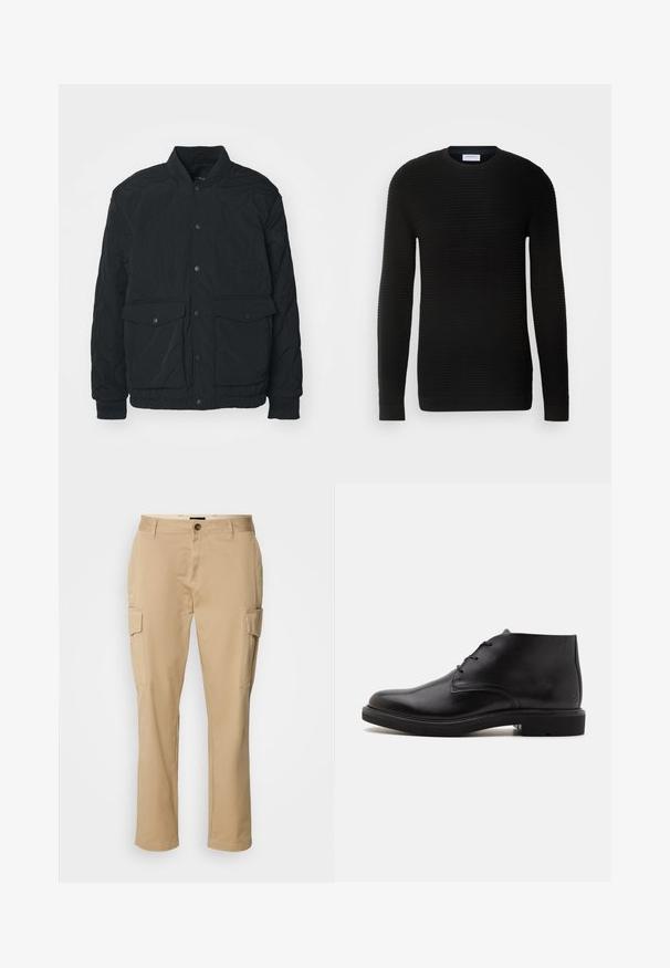 Sort quiltet jakke med ribbet krave, trykknapper, to for- lommer og elastiske manchetter; har en mat tekstur og letvægtsdesign.; Sort langærmet sweater med ribbet tekstur, rund halsudskæring og tætsiddende manchetter. Fremstillet af et blødt, strækbart materiale.; Beige cargo bukser lavet af bomuld. Har to sidelommer, en knaplukning og en lige ben-design. Glat tekstur, afslappet stil.; Sort læderankelstøvle med tre snørehuller, rundet tå og flad sål på en ensfarvet lys baggrund.