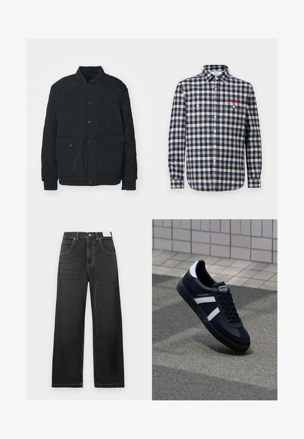 Chaqueta negra acolchada con cuello acanalado, botones de presión, dos bolsillos frontales y puños elásticos; presenta una textura mate y un diseño ligero.; Camisa de hombre de manga larga en patrón de cuadros azul marino y blanco, con dos bolsillos en el pecho, un collar normal y detalle de bordado rojo.; Vaqueros negros de pierna ancha hechos de denim, con cinco bolsillos, costuras blancas en contraste y cierre de botón en la cintura.; Zapatilla de cuero negra con rayas blancas, suela de goma texturizada y parte frontal con cordones. Cuenta con una etiqueta de marca en la lengüeta.