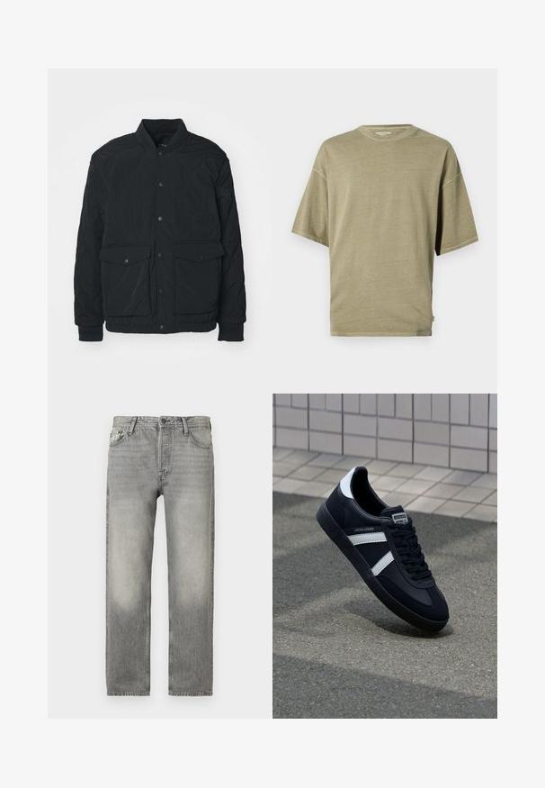 Sort quiltet jakke med ribbet krave, trykknapper, to for- lommer og elastiske manchetter; har en mat tekstur og letvægtsdesign.; Oliven grøn kortærmet t-shirt lavet af blødt stof, med rund hals og en afslappet pasform med syede kanter.; Grå denim jeans med en afslappet pasform, der har en lysvasket finish, fem lommers design, knaplukning og lige ben.; Sort lædersneaker med hvide striber, tekstureret gummisål og snørrebånd foran. Har et brandet mærke på tungen.