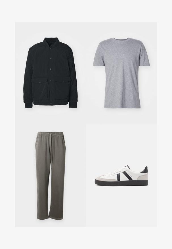 Chaqueta negra acolchada con cuello acanalado, botones de presión, dos bolsillos frontales y puños elásticos; presenta una textura mate y un diseño ligero.; Camiseta gris de manga corta hecha de una mezcla de algodón, con un clásico cuello redondo y una textura lisa y suave.; Pantalones de chándal grises de algodón con cintura elástica y cordón, que cuentan con bolsillos laterales y un ajuste relajado a lo largo de las piernas.; Zapatilla blanca con acentos en negro y gris, que presenta una puntera texturizada en gris, suela de goma negra y cordones planos blancos. Diseño limpio, estilo minimalista.