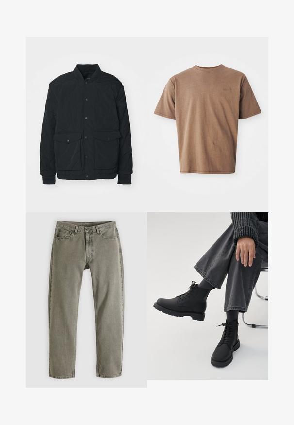 Sort quiltet jakke med ribbet krave, trykknapper, to for- lommer og elastiske manchetter; har en mat tekstur og letvægtsdesign.; Brun bomulds t-shirt med rund hals, korte ærmer og et diskret broderet logo på venstre brystområde. Glat tekstur, afslappet pasform.; Grå denimjeans med lige ben, for- og baglommer, bæltestropper og knaplukning, lagt fladt på en hvid baggrund.; Person sidder med krydsede ben iført sorte snørebåndsstøvler, mørke sokker, grå vidde bukser og en rippet mørk sweater på hvid baggrund.
