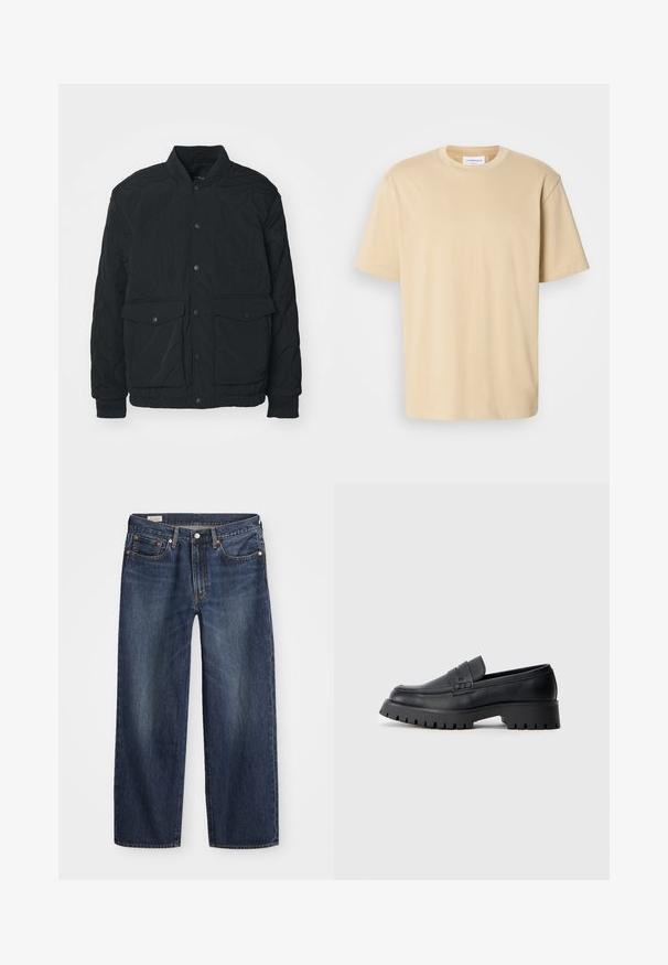 Sort quiltet jakke med ribbet krave, trykknapper, to for- lommer og elastiske manchetter; har en mat tekstur og letvægtsdesign.; Beige kortærmet t-shirt, lavet af blødt stof. Har en rund halsudskæring og en afslappet pasform uden synlige mønstre eller detaljer.; Mørkeblå denim jeans med lige ben, fem-lomme design, metalknap og lynlåsgylf samt subtile slidmærker.; Sorte læder loafers med en rund tå, prydet med en dekorativ rem og en kraftig gummisål med dybe riller for grip.