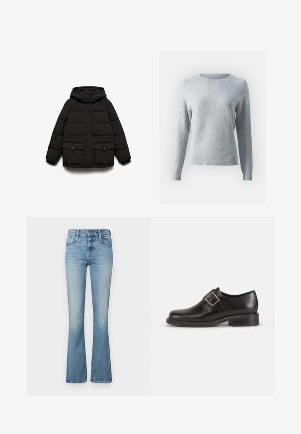 Schwarze gesteppte Jacke mit Kapuze, zwei Fronttaschen, Reißverschluss und einer wattierten Textur zur Isolierung.; Hellgrauer Pullover aus weichem Material, mit Rundhalsausschnitt, langen Ärmeln und gerippten Bündchen sowie Saum für eine figurbetonte Optik.; Helle blaue Jeans im Schlagstil mit mittelhohem Bund, vorderen Taschen und einem ausgewaschenen Finish. Klassisches 5-Taschen-Design mit Stickdetails.; Schwarze Leder-Dressschuhe mit abgerundeter Zehenform, seitlichem Gürtelverschluss und strukturierter Sohle, vor einem schlichten weißen Hintergrund.