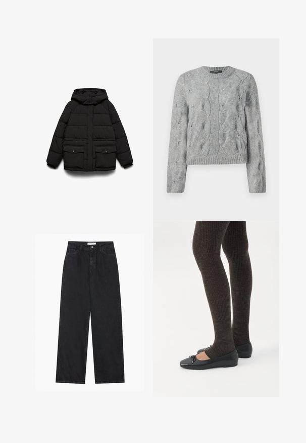 Sort polstret jakke med hætte, der har to frontlommer, lynlåslukning og quiltet tekstur for isolering.; Grå kabelstrik langærmet sweater med rund hals og ribbet manchetter og kant, præsenteret på hvid baggrund.; Sorte højtaljede bredbenede denimjeans med frontknap og lynlås, bæltestropper og fem-lomme stil.; Ben iført mørke ribbede leggings kombineret med sorte balletsko med små sløjfedetaljer på hvid baggrund.