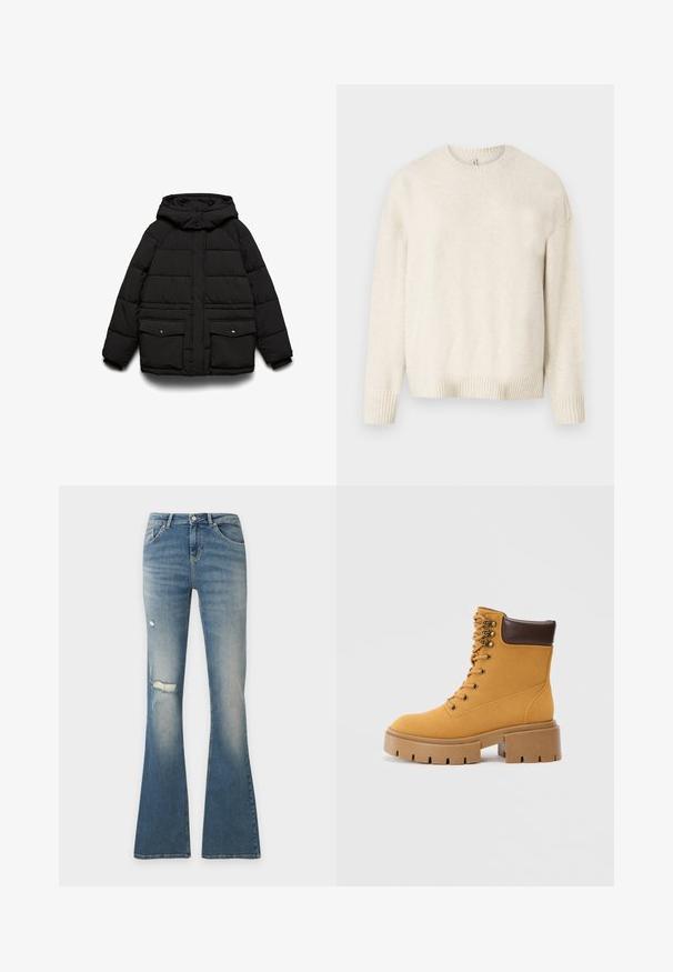 Sort polstret jakke med hætte, der har to frontlommer, lynlåslukning og quiltet tekstur for isolering.; Lys beige sweater lavet af blødt stof, med rund halsudskæring, lange ærmer og ribbede manchetter og kant. Enkelt, klassisk design.; Blå denim flare-jeans med slidte detaljer på venstre lår og knæ, frontknap og femlommers-design.; Gul ruskindsankelstøvle med brun læderkrave, seks guldøjer og en kraftig beige sål med riller til trækkraft.