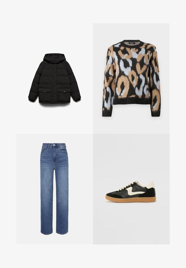 Zwarte gewatteerde jas met kap, voorzien van twee voorzakken, een ritssluiting en een doorgestikte textuur voor isolatie.; Leopardprint trui met een ronde halslijn, lange mouwen en een mix van zwart, bruin en lichtblauwe kleuren, gemaakt van gestructureerde breiware.; Lichtblauwe spijkerbroeken met een hoge taille, recht model, vijfzakkenstijl en subtiele vervagingen in de stof.; Zwarte suède en leren sneaker met een crèmekleurige zij-swoosh en lichte crèmekleurige hiel. Voorzien van beige veters en een gumrubberen zool.