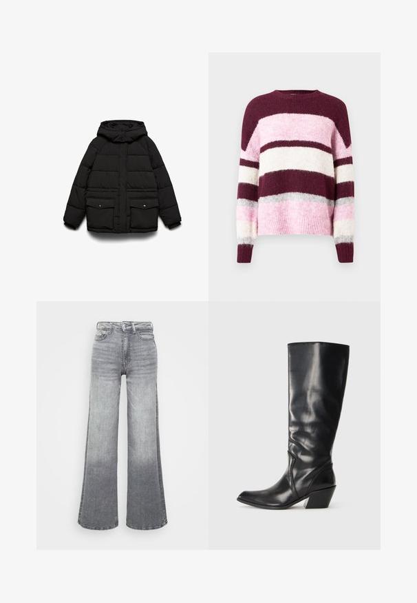 Sort polstret jakke med hætte, der har to frontlommer, lynlåslukning og quiltet tekstur for isolering.; Lilla og rosa stribet sweater med en rund halsudskæring. Fremstillet af blødt, tekstureret stof. Har vandrette striber i forskellige farver.; Grå denim brede ben jeans med en lys til mørk gradient, der har høj talje, fem lommer og en klassisk knaplukning.; Sorte læder knæhøje støvler med spids tå, vinklet hæl og glat tekstur. Funktioner en subtil syning langs siden.