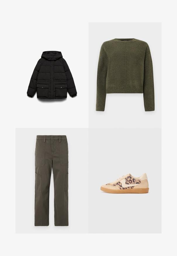 Sort polstret jakke med hætte, der har to frontlommer, lynlåslukning og quiltet tekstur for isolering.; Oliven grøn, cropped sweater lavet af blødt strikmateriale. Har lange ærmer og en rund halsudskæring med en diskret central sømdetalje.; Good American CROPPED PANTS - Cargobukser - fatigue; Leopardprint sneakers med beige ruskindsoverdel, tan gummisål og hvide detaljer. Rund pegefinger og snørebåndsdesign med en tekstureret finish.