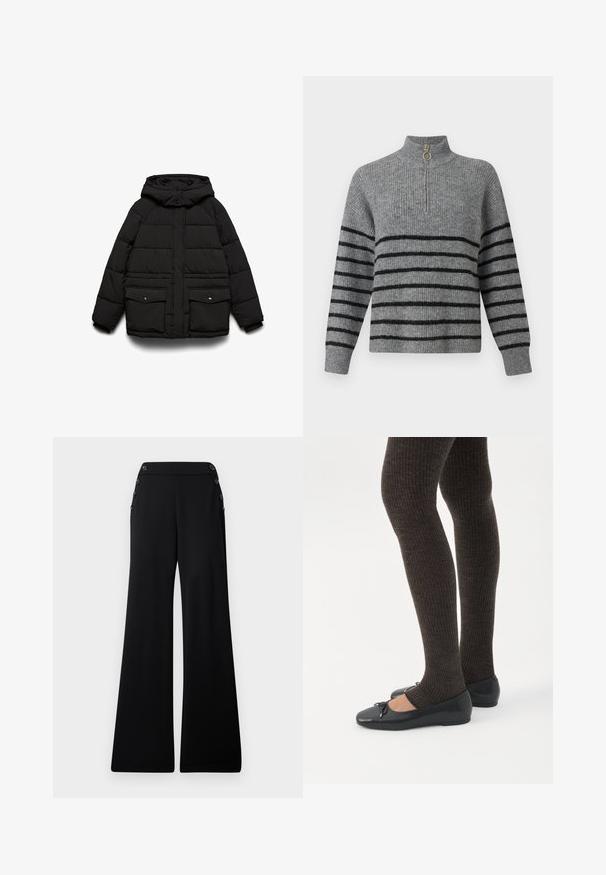 Sort polstret jakke med hætte, der har to frontlommer, lynlåslukning og quiltet tekstur for isolering.; Grå strikket sweater med høj krave, sorte vandrette striber, kvart-lynlås åbning med et guld ringtræk og ribbekantede ærmer.; Sorte brede bukser med høj talje og dekorative knapper langs de øverste sidesømme, præsenteret på en hvid baggrund.; Ben iført mørke ribbede leggings kombineret med sorte balletsko med små sløjfedetaljer på hvid baggrund.
