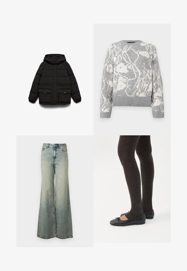 Sort polstret jakke med hætte, der har to frontlommer, lynlåslukning og quiltet tekstur for isolering.; Grå strikket sweater med et hvidt blomstermønster, rund halsudskæring og ribbede manchetter og kant, fremstillet af blødt materiale.; Lyseblå vide jeans lavet af denim, med høj talje, bleget vask og sidelommer med synlige stikninger.; Ben iført mørke ribbede leggings kombineret med sorte balletsko med små sløjfedetaljer på hvid baggrund.