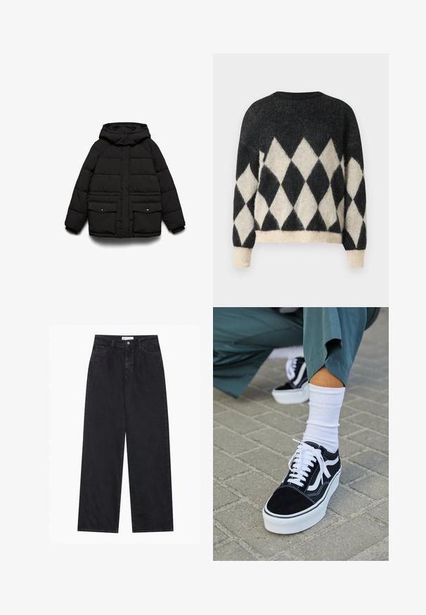 Zwarte gewatteerde jas met kap, voorzien van twee voorzakken, een ritssluiting en een doorgestikte textuur voor isolatie.; Zwarte en crème oversized trui met een diamanten patroon, gemaakt van zacht textuurstof met een ribbelzoom en mouwen.; Zwarte high-waisted spijkerbroek met wijde pijpen, frontknopen en ritssluiting, ceintuurlussen en een vijf-pocket stijl.; Zwarte suède sneaker met witte accenten en veters, uitgerust met een dikke witte zool en contrasterende stiksels, gecombineerd met een witte sok.