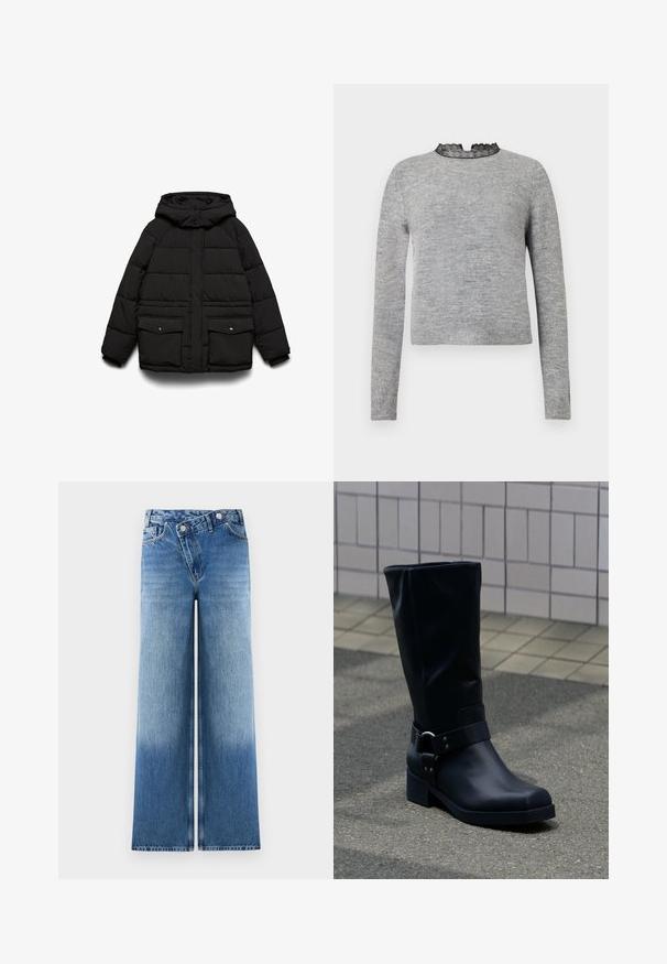 Sort polstret jakke med hætte, der har to frontlommer, lynlåslukning og quiltet tekstur for isolering.; Grå sweater med lange ærmer, en rund halsudskæring pyntet med sort blonder, og en ribbede kant, fremstillet i et blødt og tekstureret stof.; Lysblå vidde jeans med en falmet vask, der har et klassisk fem-lomme design og metalknap detaljer i taljen.; Sort læderstøvle midt på læggen med lav blokhæle og en dekorativ rem med metal spænde rundt om anklen, på en flisebelagt fortov.