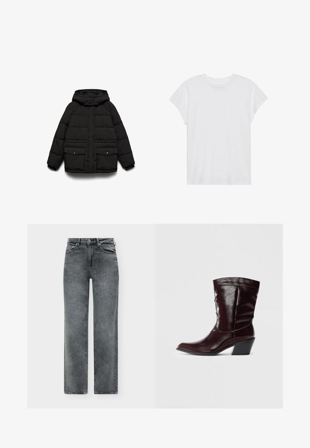Zwarte gewatteerde jas met kap, voorzien van twee voorzakken, een ritssluiting en een doorgestikte textuur voor isolatie.; Witte t-shirt met korte mouwen, ronde hals, relaxte pasvorm, gemaakt van zacht katoen. Glad textuur, geen patronen of logo's.; Grijze straight-leg denim jeans met voorzakken, riemlussen en een knoop- en ritssluiting.; Bordeaux leren enkellaarsjes met een spitse neus, textuur op het oppervlak en een taps toelopende lage hak. Heeft subtiele stiksels en een strakke pasvorm.