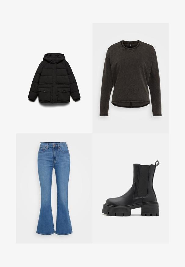 Must polsterdatud jope kapuutsiga, millel on kaks esist taskut, tõmblukk ja õmmeldud muster soojustuseks.; ONLY ONLLILA O NECK STUD - Pikkade varrukatega topp - black washed; Heledad sinised löhkmisega teksad kõrge vöökohaga, valmistatud denimist. Omab kahte eesmist taskut ja nööbiga sulgemist vööl.; RAID Platvormtallaga poolsaapad - black