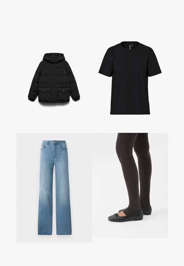 Zwarte gewatteerde jas met kap, voorzien van twee voorzakken, een ritssluiting en een doorgestikte textuur voor isolatie.; Zwarte T-shirt met korte mouwen, gemaakt van zacht materiaal en met een ronde hals. Eenvoudig ontwerp zonder patronen of accenten, rechte snit aan de onderkant.; Lichtblauwe high-waisted jeans met een rechte pasvorm. Gemaakt van denim, met vijf zakken en een knoopsluiting.; Benen met donkere geribbelde leggings gecombineerd met zwarte ballerina's met kleine strikdetails op een witte achtergrond.